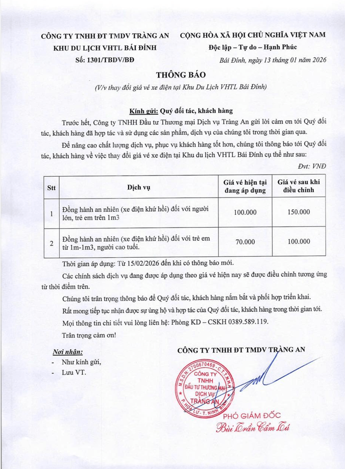Thông báo thay đổi giá vé xe điện Bái Đính 2026